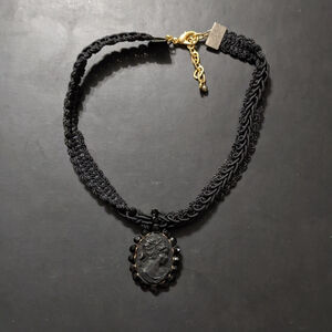 Gold Tone Black Cameo Braided Cord Choker Statement Necklace